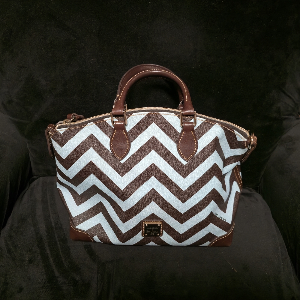 Dooney & Bourke Chevron Patterned Satchel Light Blue and Brown with Leather Trim